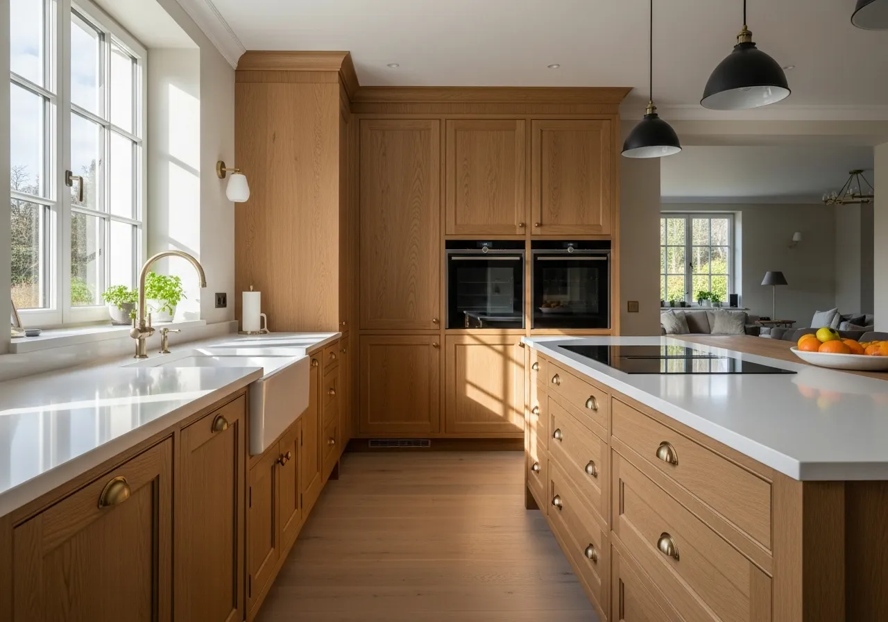 Cuisine sur-mesure en chêne européen avec îlot et plan de travail en quartz blanc dans un intérieur suisse, lumière du matin