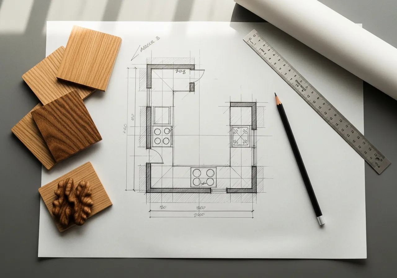 Plan de cuisine en U dessiné au crayon sur papier calque avec règle et échantillons de chêne et noyer sur une table à dessin