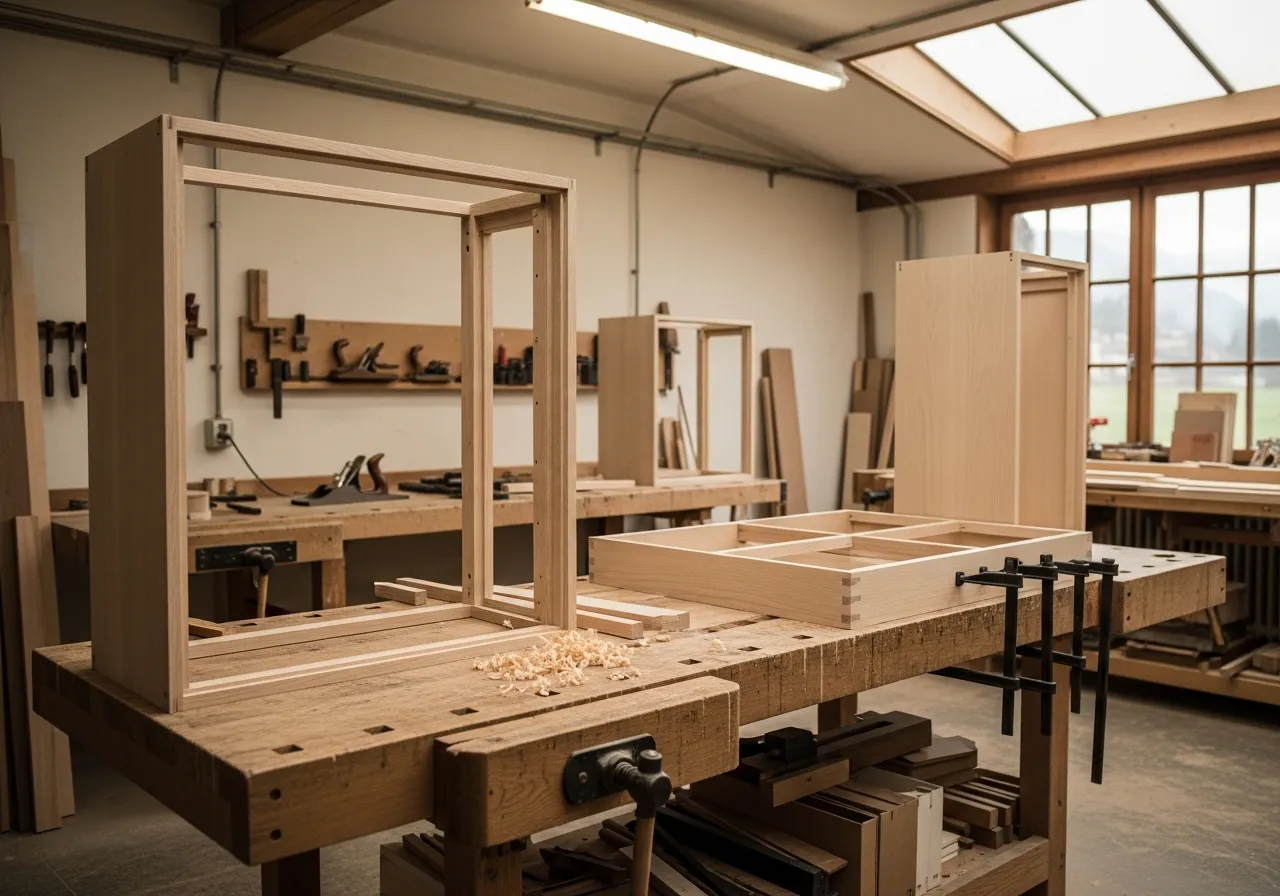 Atelier d'ébénisterie suisse en Vaud avec carcasses d'une cuisine en cours d'assemblage sur un établi en chêne, copeaux et outils manuels